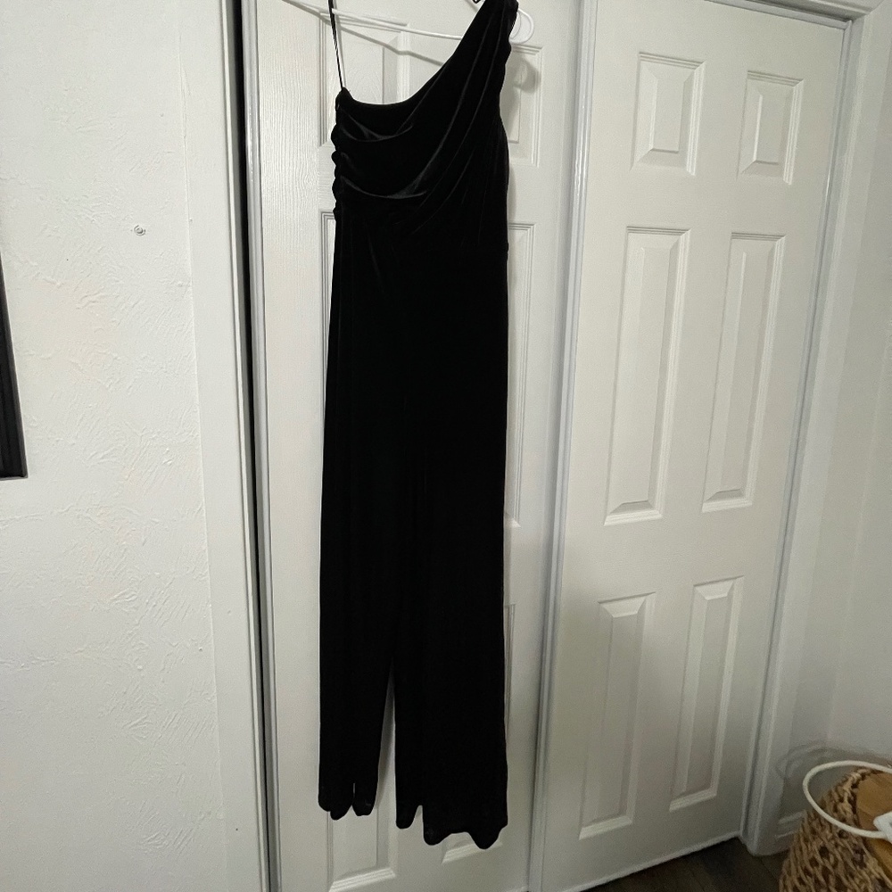Black velvet one shoulder jumpsuit